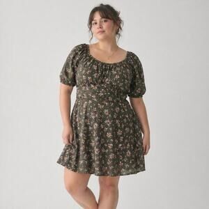 Arula Avella Olive Floral Puff Sleeve Tie Back Mini Dress XL Cottagecore